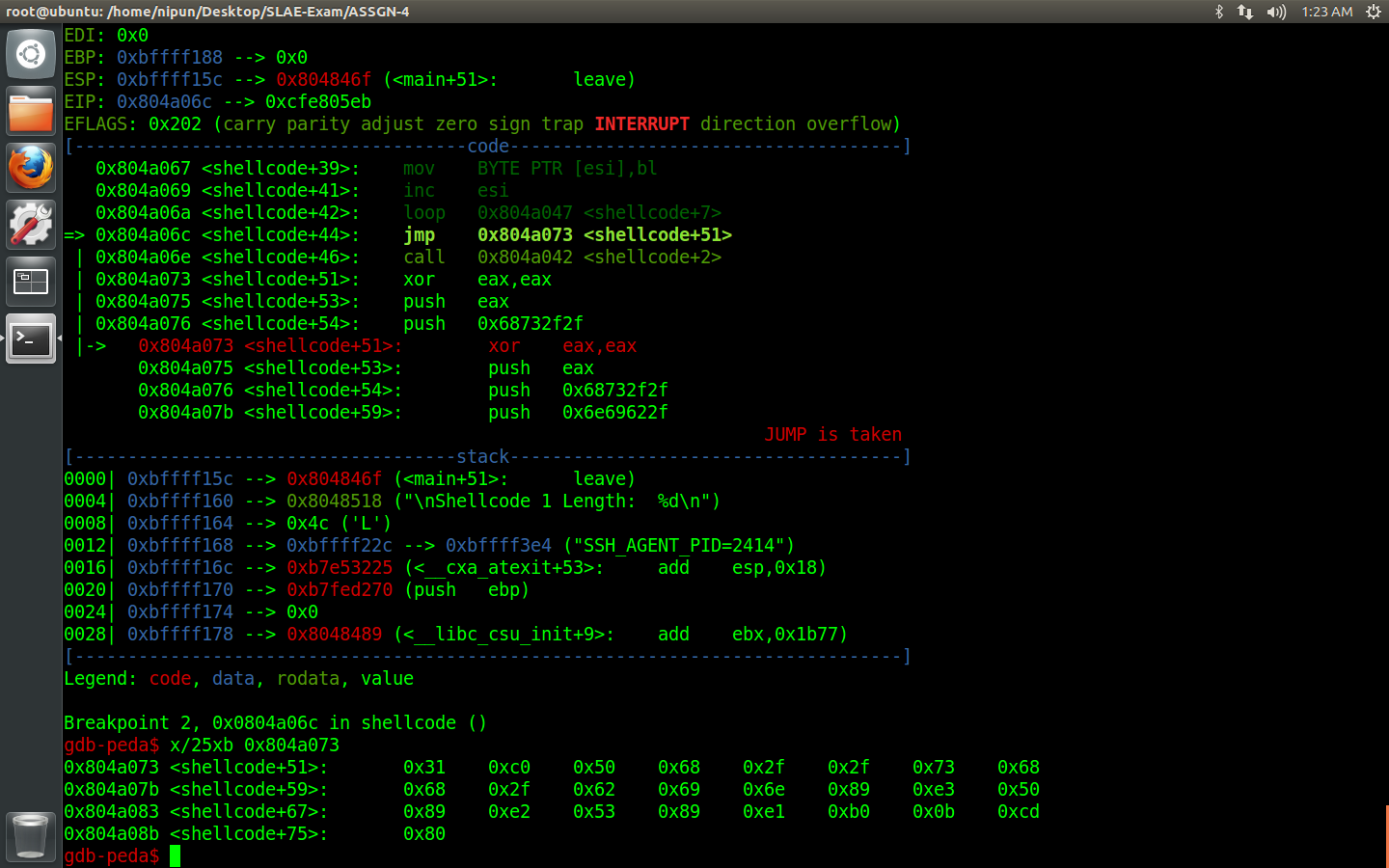 Debugger view showing the fully restored 25-byte payload before execution
