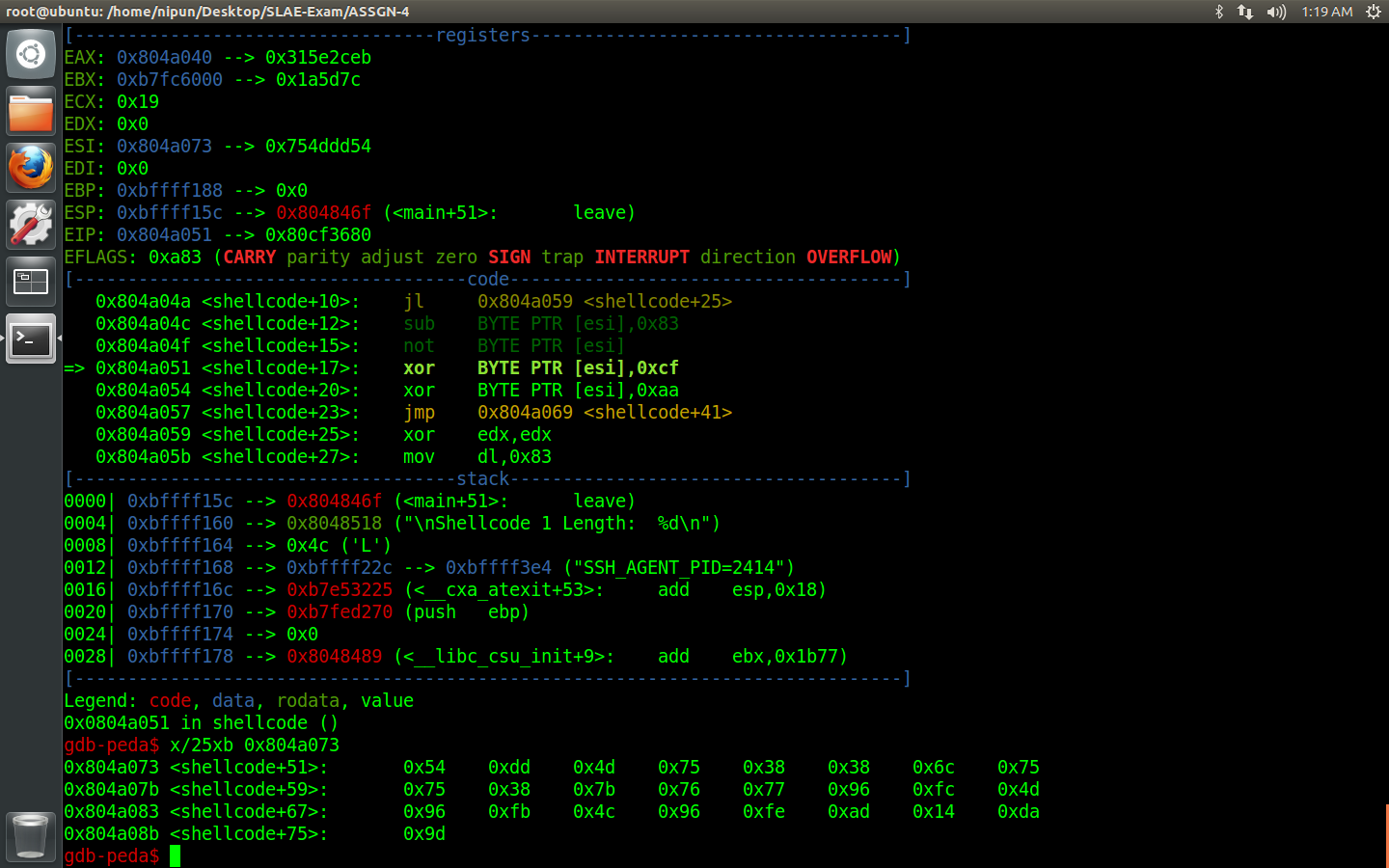 GDB showing the RNX2 NOT operation changing byte 0xab to 0x54